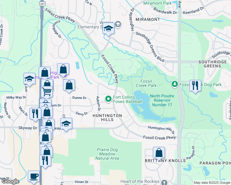 map of restaurants, bars, coffee shops, grocery stores, and more near 544 Shadbury Court in Fort Collins