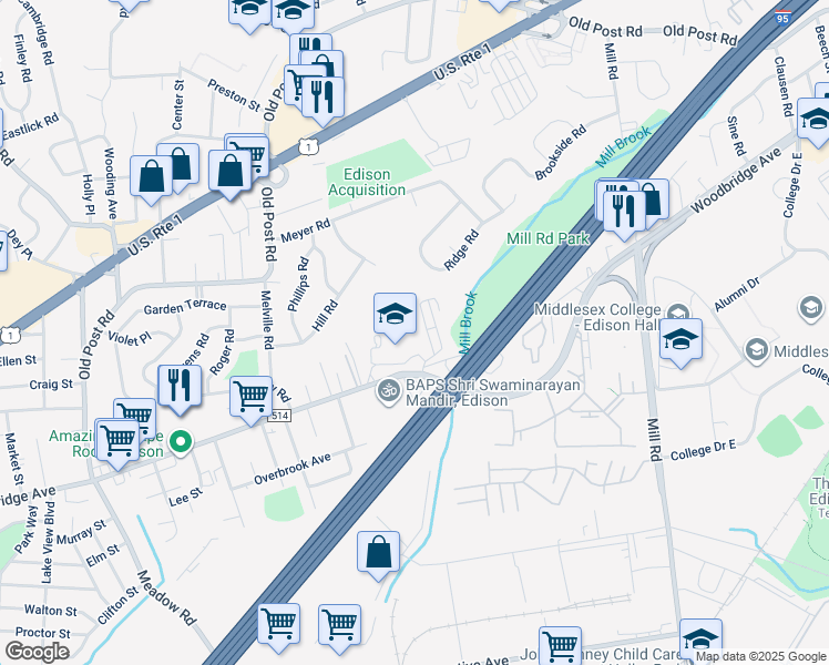 map of restaurants, bars, coffee shops, grocery stores, and more near 2485 Woodbridge Avenue in Edison