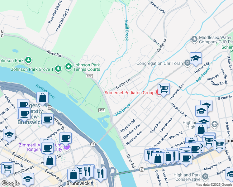 map of restaurants, bars, coffee shops, grocery stores, and more near 1605 Gabriel Lane in Highland Park