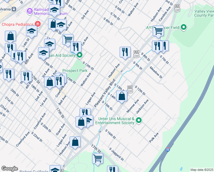 map of restaurants, bars, coffee shops, grocery stores, and more near 1300 Pleasant Valley Boulevard in Altoona
