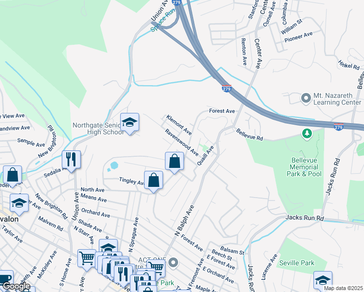 map of restaurants, bars, coffee shops, grocery stores, and more near 611 Ravenswood Avenue in Pittsburgh