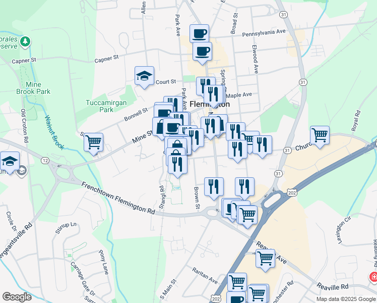 map of restaurants, bars, coffee shops, grocery stores, and more near 14 Turntable Junction in Flemington