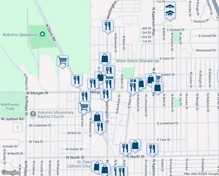 map of restaurants, bars, coffee shops, grocery stores, and more near 2112 North Washington Street in Kokomo