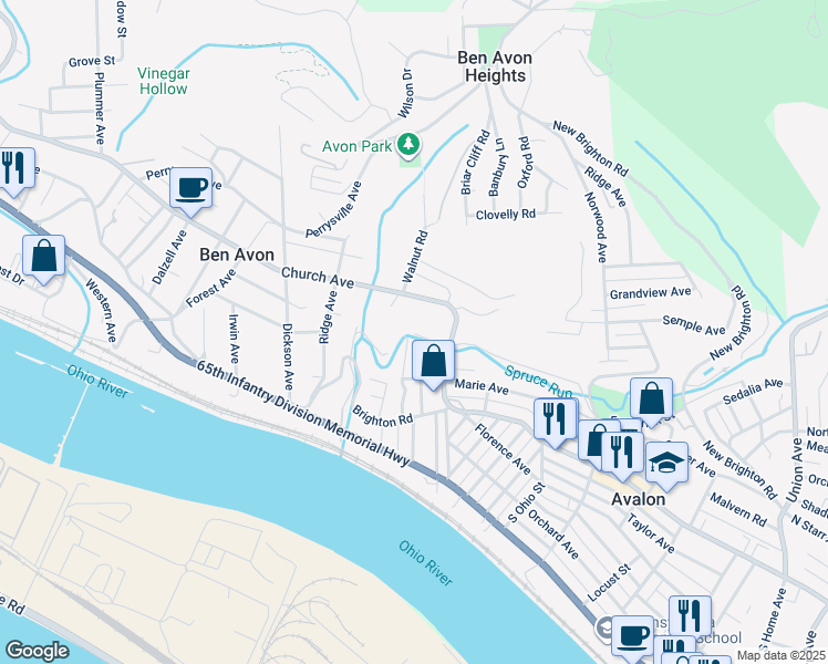 map of restaurants, bars, coffee shops, grocery stores, and more near 47 Spruce Run Road in Ben Avon