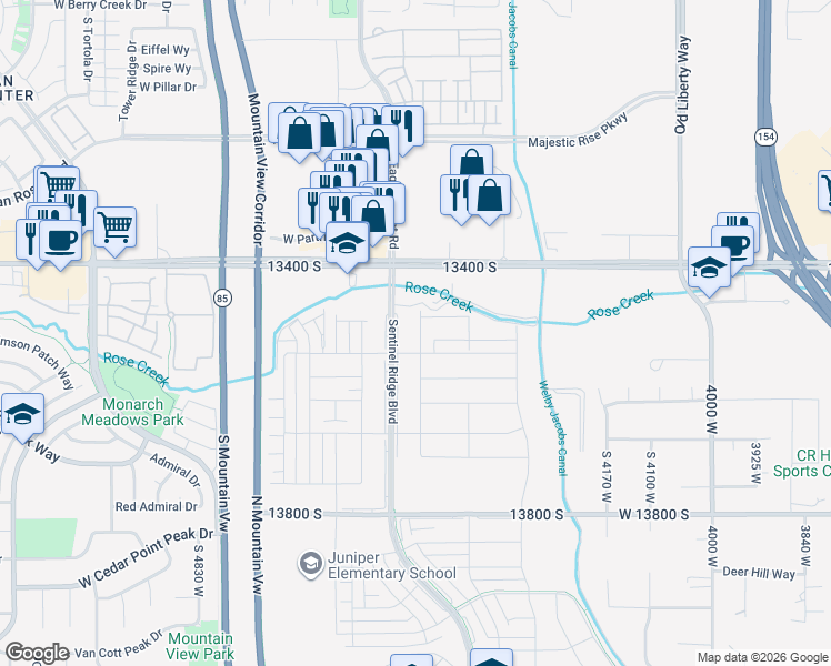 map of restaurants, bars, coffee shops, grocery stores, and more near 13502 Zola Drive in Riverton