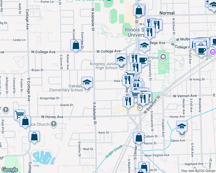 map of restaurants, bars, coffee shops, grocery stores, and more near 722 Dale St in Normal