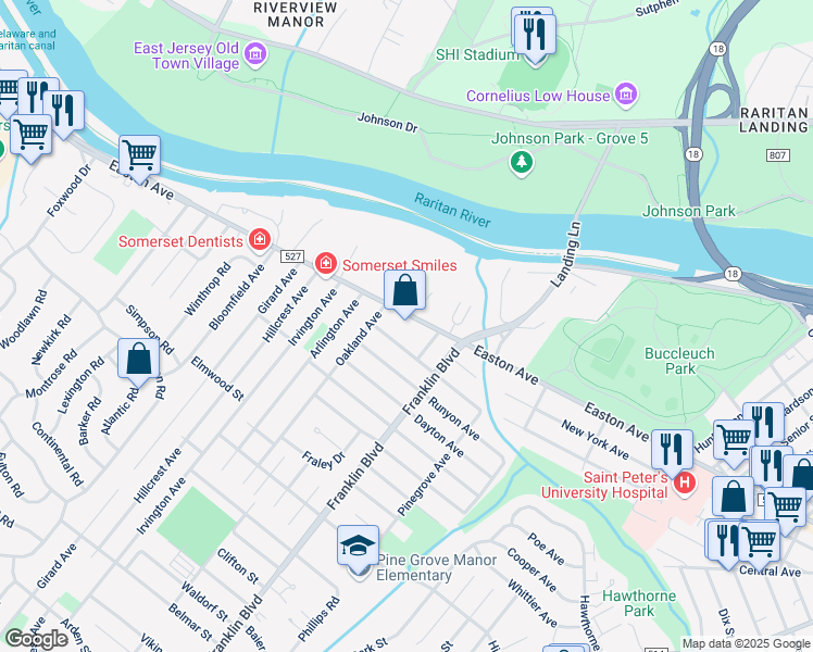 map of restaurants, bars, coffee shops, grocery stores, and more near 562 Easton Avenue in Franklin Township
