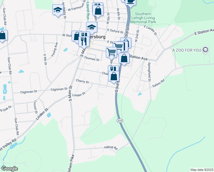 map of restaurants, bars, coffee shops, grocery stores, and more near 400 South 4th Street in Coopersburg