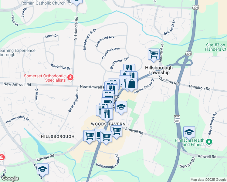 map of restaurants, bars, coffee shops, grocery stores, and more near 11 New Amwell Road in Somerset County