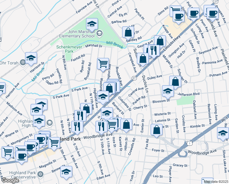 map of restaurants, bars, coffee shops, grocery stores, and more near 1177-1191 Raritan Avenue in Highland Park