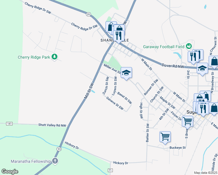 map of restaurants, bars, coffee shops, grocery stores, and more near 441 Zurich Street Southwest in Sugarcreek