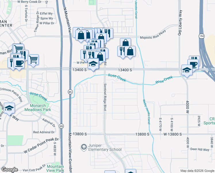 map of restaurants, bars, coffee shops, grocery stores, and more near 13501 Luther Lane in Riverton
