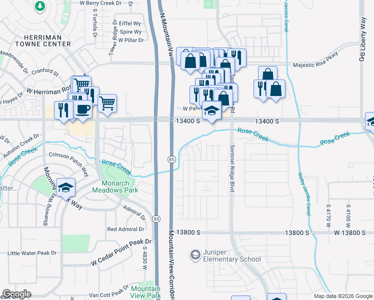 map of restaurants, bars, coffee shops, grocery stores, and more near 4701 West 13400 South in Riverton
