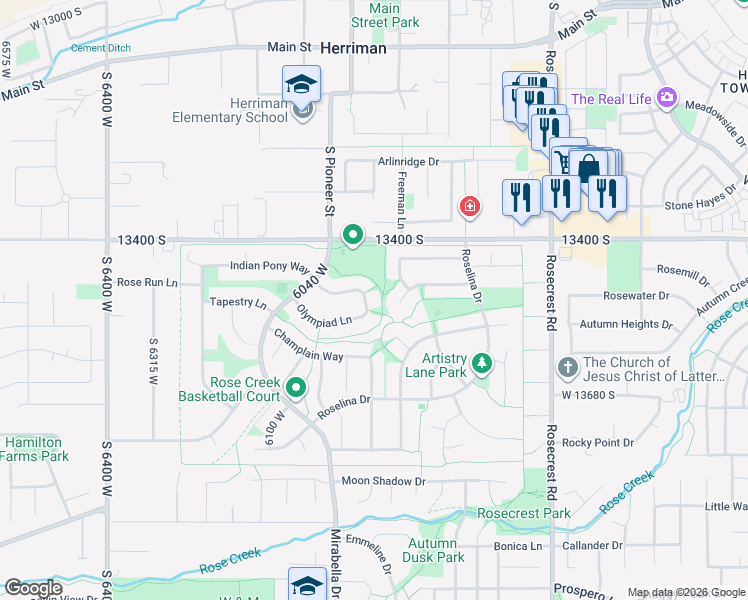 map of restaurants, bars, coffee shops, grocery stores, and more near 13501 Fragrant Lane in Herriman
