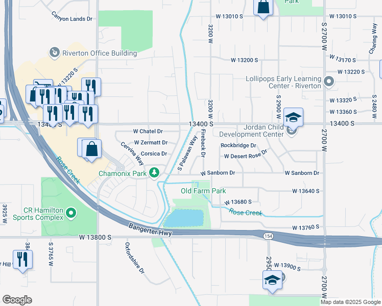 map of restaurants, bars, coffee shops, grocery stores, and more near 13501 South Palawan Way in Riverton