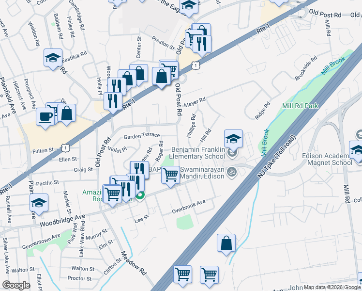 map of restaurants, bars, coffee shops, grocery stores, and more near 17 Melville Road in Edison