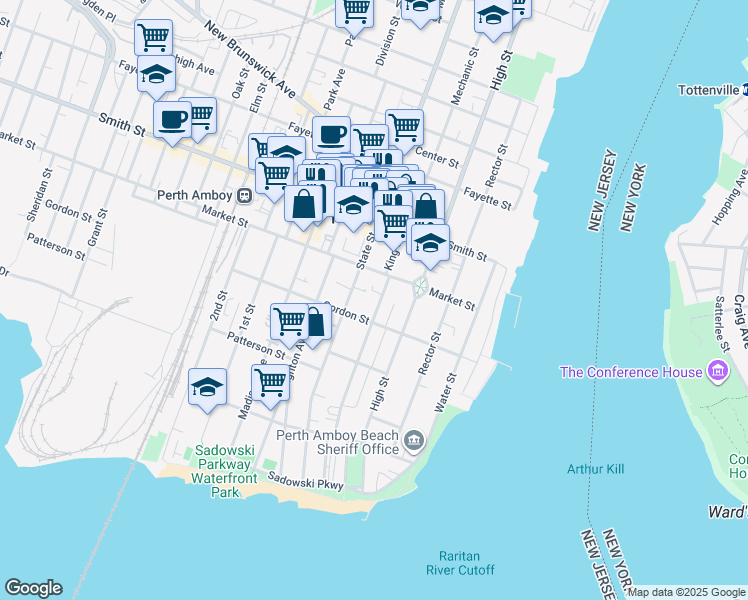 map of restaurants, bars, coffee shops, grocery stores, and more near 225 Kearny Avenue in Perth Amboy