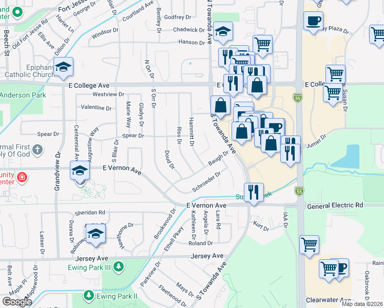 map of restaurants, bars, coffee shops, grocery stores, and more near 209 Hammitt Drive in Normal