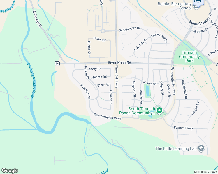 map of restaurants, bars, coffee shops, grocery stores, and more near 6147 Pryor Road in Timnath
