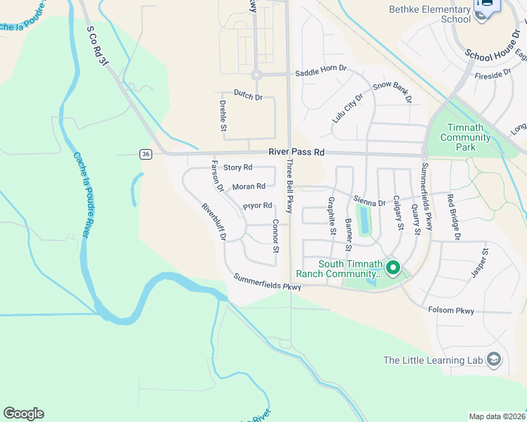 map of restaurants, bars, coffee shops, grocery stores, and more near 6147 Pryor Road in Timnath