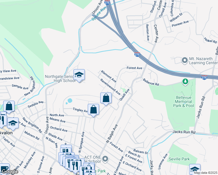 map of restaurants, bars, coffee shops, grocery stores, and more near 611 Ravenswood Avenue in Pittsburgh