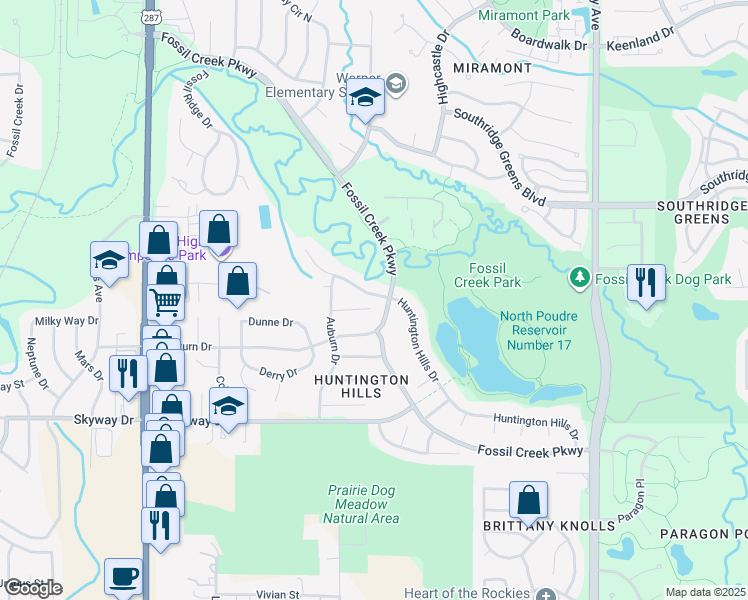 map of restaurants, bars, coffee shops, grocery stores, and more near 544 Shadbury Court in Fort Collins