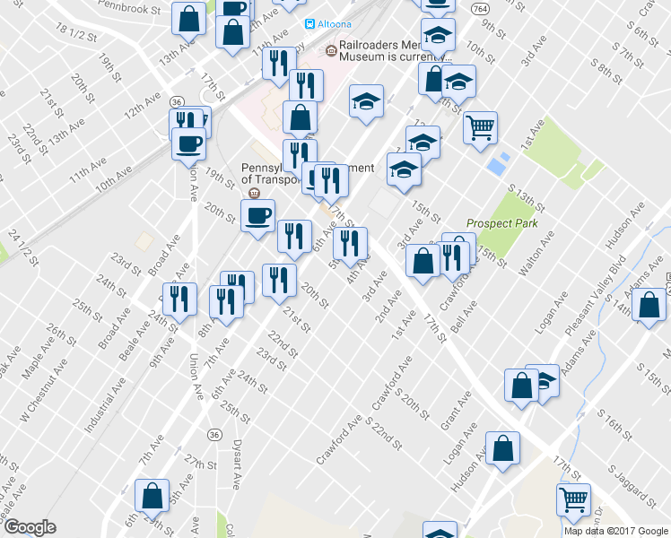 map of restaurants, bars, coffee shops, grocery stores, and more near 1819 5th Avenue in Altoona