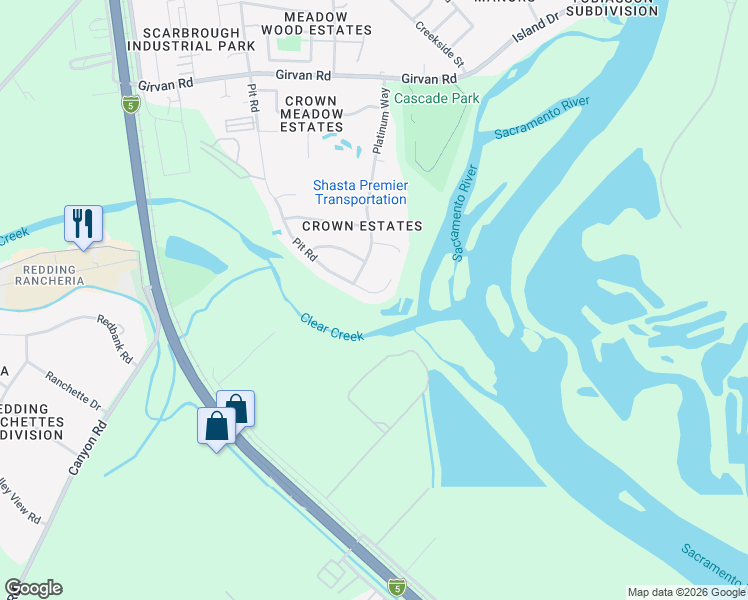 map of restaurants, bars, coffee shops, grocery stores, and more near 7740 Pit Road in Redding