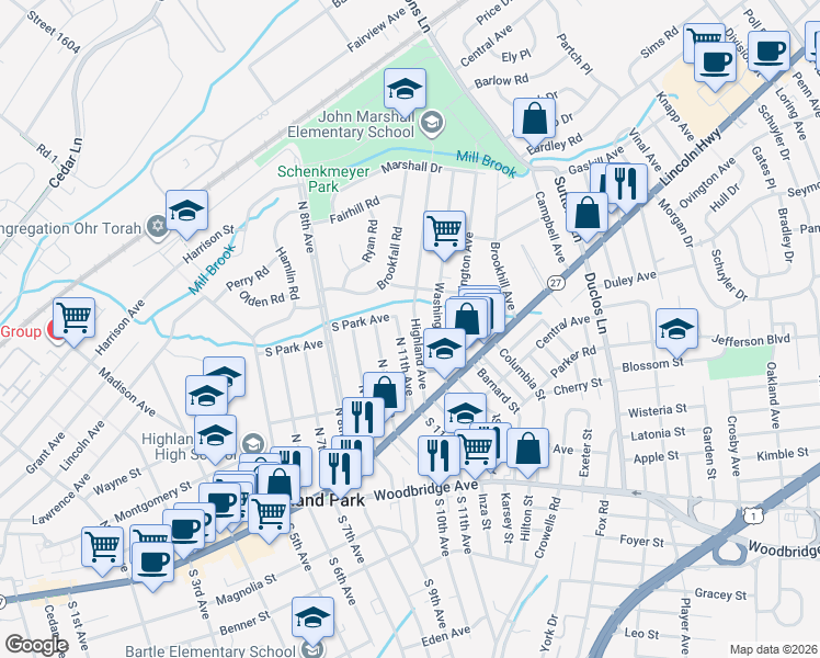 map of restaurants, bars, coffee shops, grocery stores, and more near 108 Highland Avenue in Highland Park