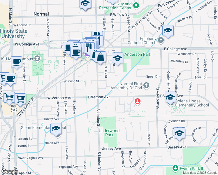 map of restaurants, bars, coffee shops, grocery stores, and more near 410 South Oak Street in Normal