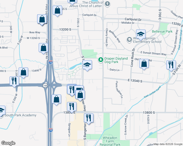 map of restaurants, bars, coffee shops, grocery stores, and more near 13515 South 150 East in Draper