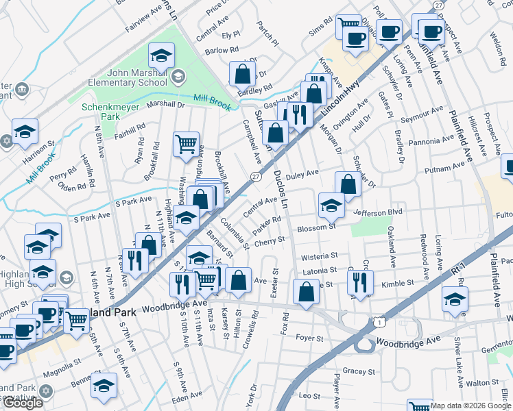map of restaurants, bars, coffee shops, grocery stores, and more near 1702 Central Avenue in Highland Park