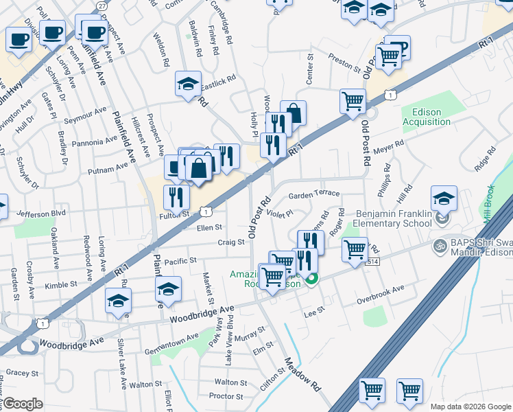 map of restaurants, bars, coffee shops, grocery stores, and more near 132 Old Post Road in Edison