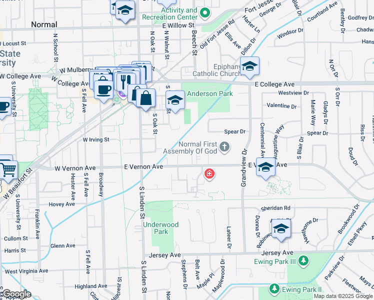 map of restaurants, bars, coffee shops, grocery stores, and more near 12 Flora Way in Normal