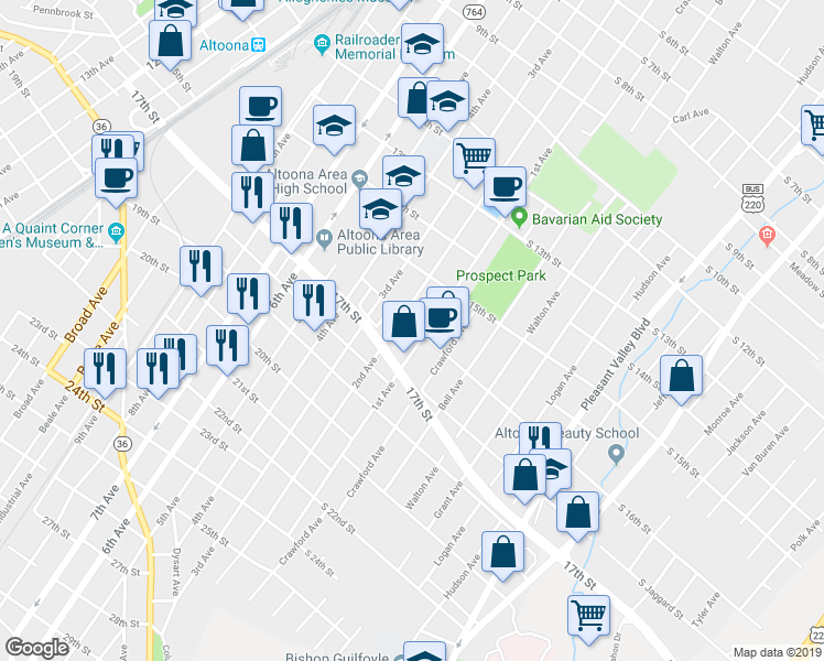 map of restaurants, bars, coffee shops, grocery stores, and more near 109 16th Street in Altoona