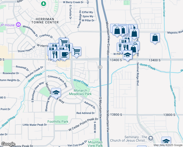 map of restaurants, bars, coffee shops, grocery stores, and more near 13469 Dragonfly Lane in Riverton