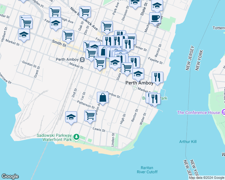 map of restaurants, bars, coffee shops, grocery stores, and more near 217 State Street in Perth Amboy