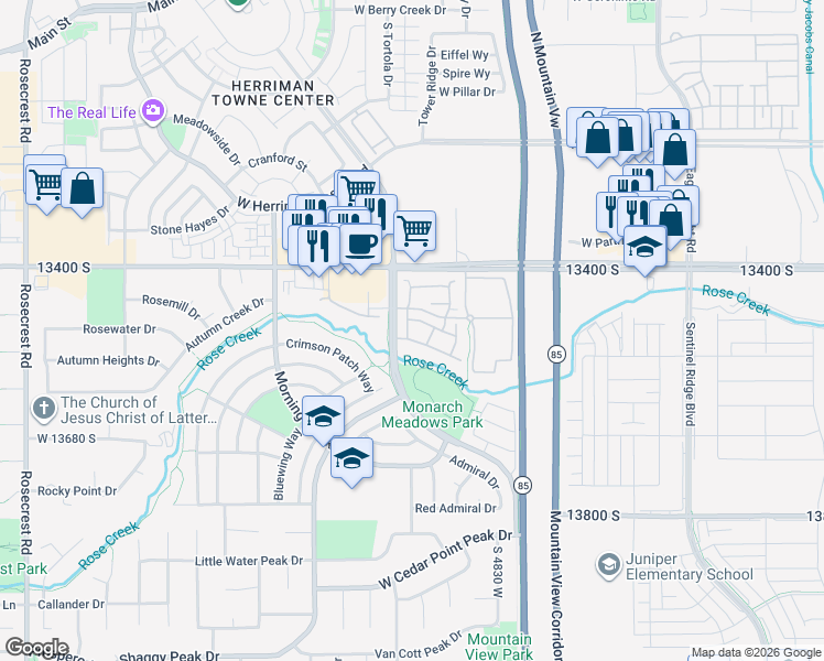 map of restaurants, bars, coffee shops, grocery stores, and more near 13503 Leaf Wing Lane in Riverton
