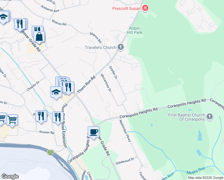 map of restaurants, bars, coffee shops, grocery stores, and more near 222 Mccartney Drive in Allegheny County
