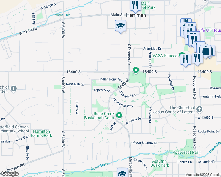 map of restaurants, bars, coffee shops, grocery stores, and more near 6118 Tapestry Lane in Herriman