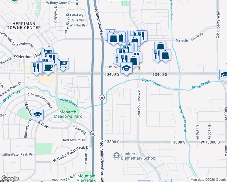 map of restaurants, bars, coffee shops, grocery stores, and more near 4701 West 13400 South in Riverton