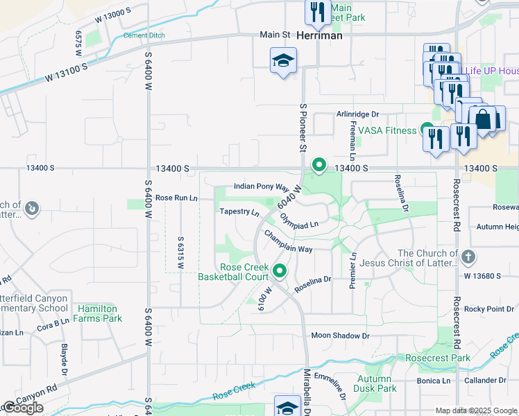map of restaurants, bars, coffee shops, grocery stores, and more near 6118 Tapestry Lane in Herriman
