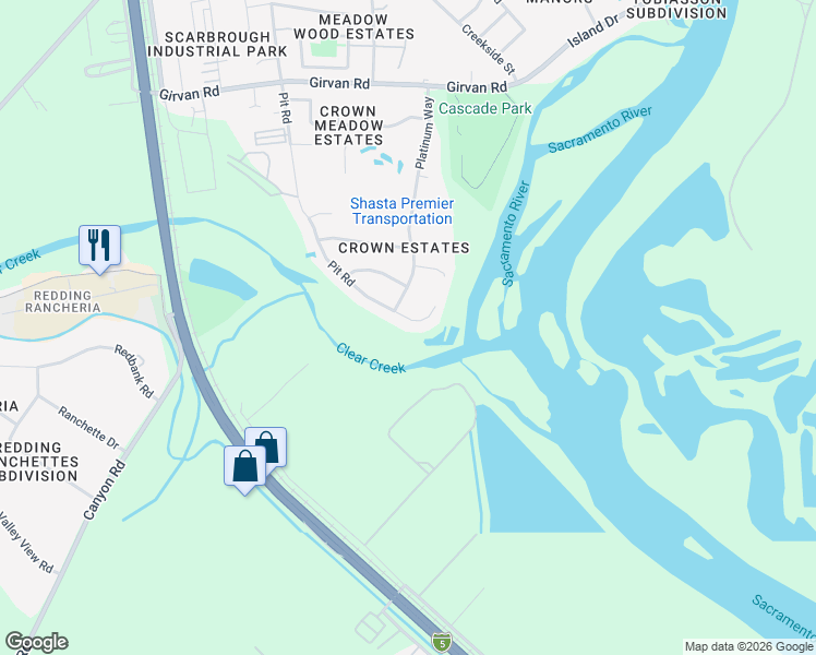 map of restaurants, bars, coffee shops, grocery stores, and more near 7740 Pit Road in Redding