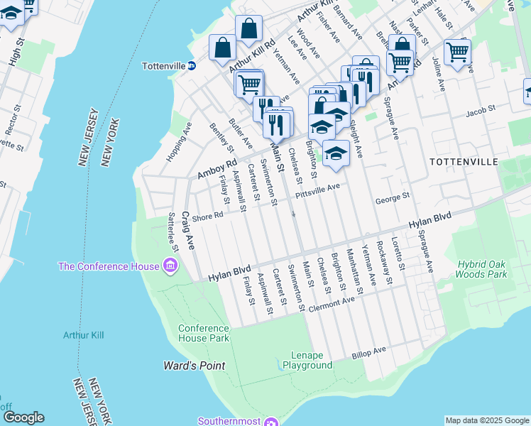 map of restaurants, bars, coffee shops, grocery stores, and more near 116 Swinnerton Street in Staten Island