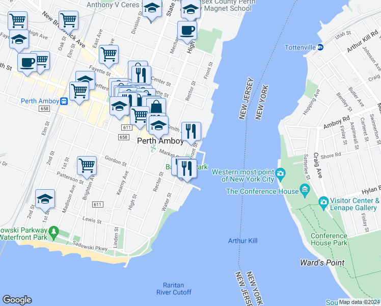 map of restaurants, bars, coffee shops, grocery stores, and more near 261 Water Street in Perth Amboy