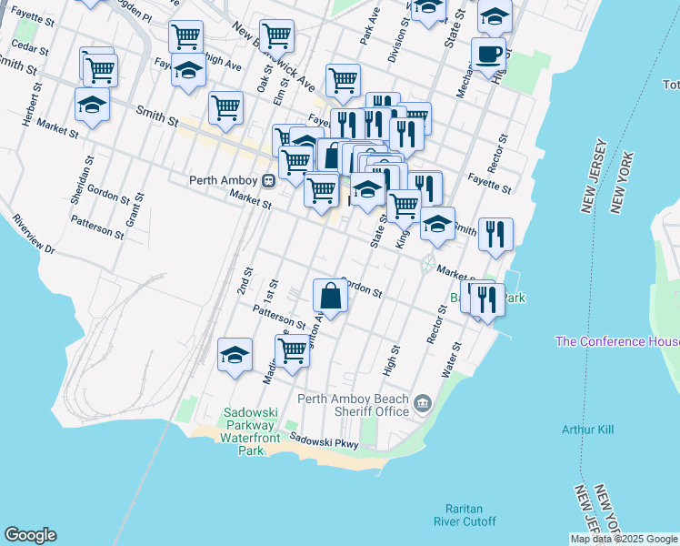 map of restaurants, bars, coffee shops, grocery stores, and more near 217 State Street in Perth Amboy