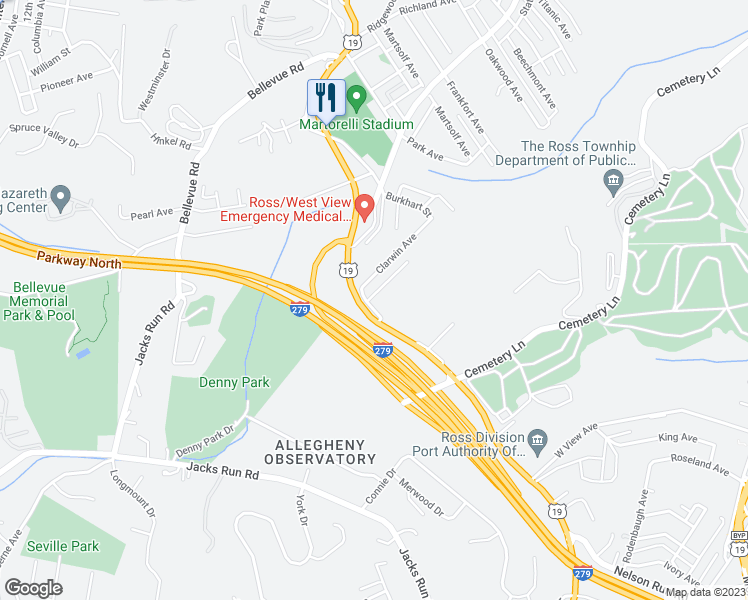 map of restaurants, bars, coffee shops, grocery stores, and more near 1 Alamac Avenue in Pittsburgh