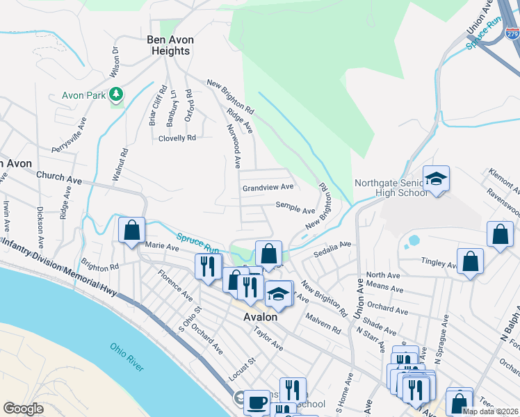map of restaurants, bars, coffee shops, grocery stores, and more near 641 Semple Avenue in Pittsburgh
