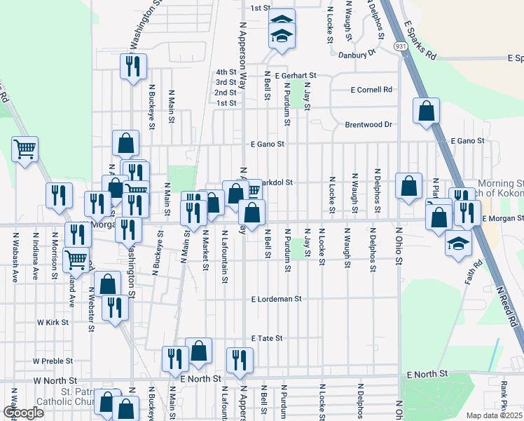 map of restaurants, bars, coffee shops, grocery stores, and more near 2115 North Bell Street in Kokomo