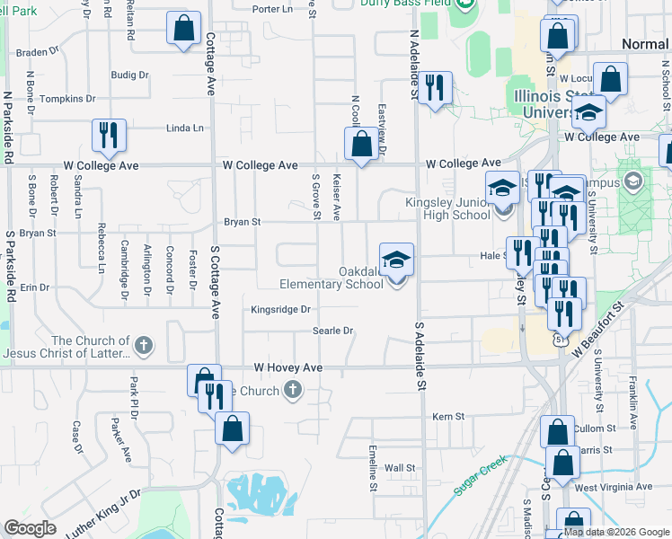 map of restaurants, bars, coffee shops, grocery stores, and more near 317 Margaret Avenue in Normal
